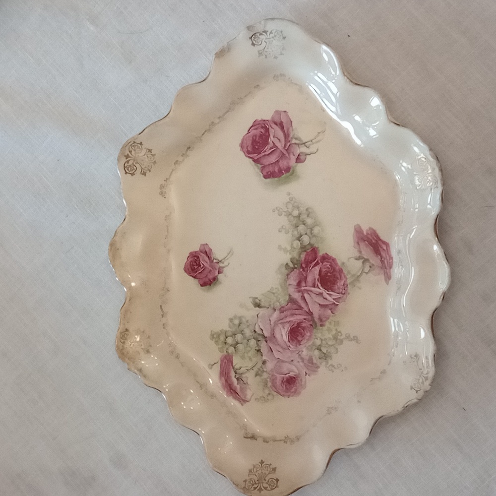 Vintage Shabby Chic pink roses tray, antique glazed ironstone